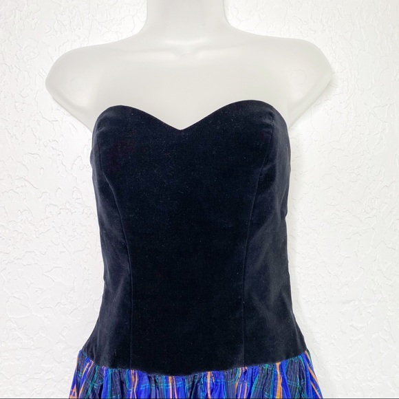 RARE Vintage 80’s Janet Russo Nantucket NY Black Velvet Taffeta Strapless Dress - Picture 3 of 10